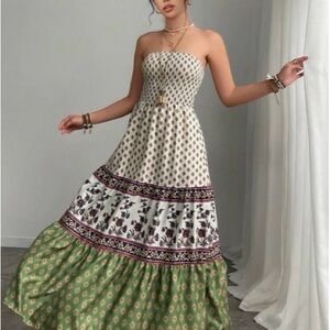 SHEIN Strapless Maxi Dress in Green and White